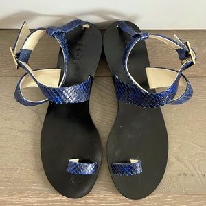 Tibi black and blue snakeskin sandals